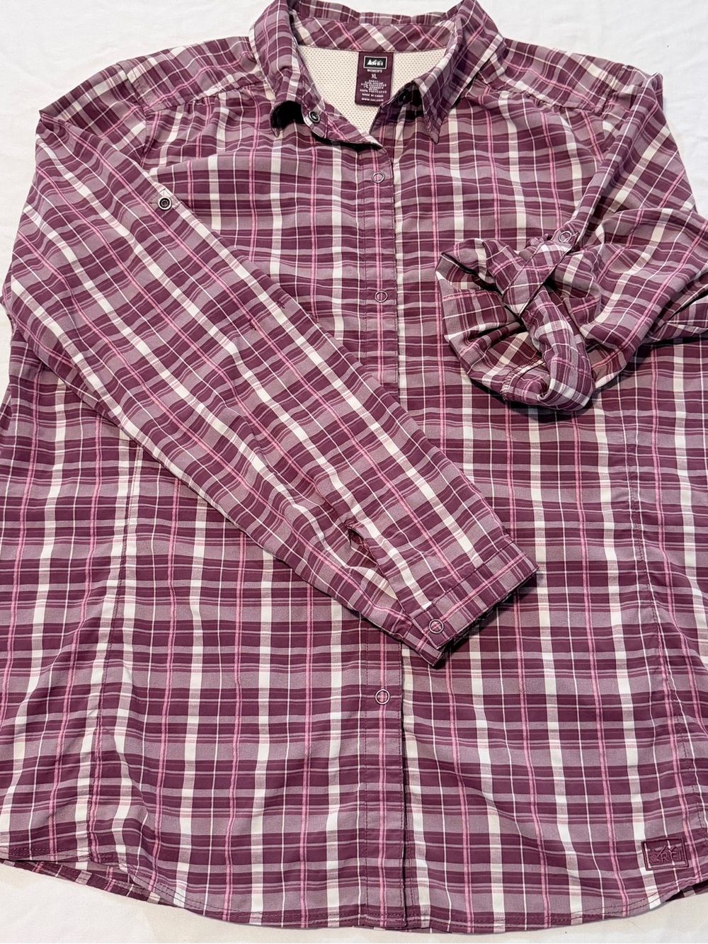 REI Plaid Button-Up Shirt Adults XL Purple White Long Sleeve rollup 3/4 sleeve